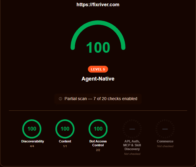 Is It Agent Ready: fixriver.com obtiene 100 y nivel 5, Agent-Native, con 100 en descubrimiento, contenido y control de acceso de bots